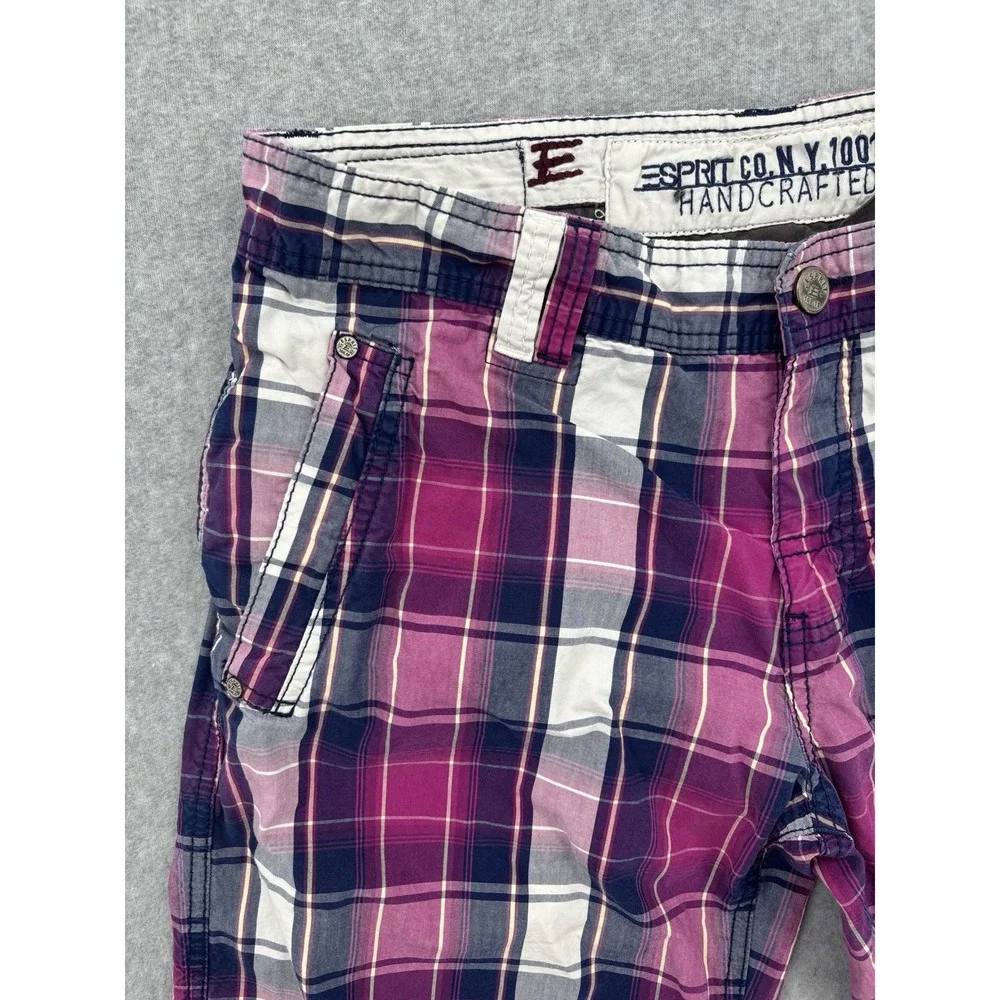 Esprit Mens W33 Plaid Cargo Shorts Pink Navy Cotton Drawstring Y2K